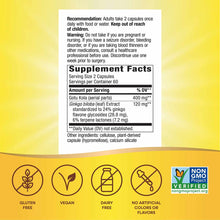 Supplement Facts label on yellow background showing ginkgo biloba extract dosage, ingredients, and certification icons for gl