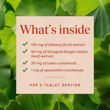 Cream-colored label on green ginkgo leaves listing supplement ingredients: bilberry extract, Ginkgo biloba extract, lutein, a