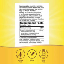 Ginkgold Max supplement facts label on yellow background with gluten-free, vegan, and dairy-free icons.