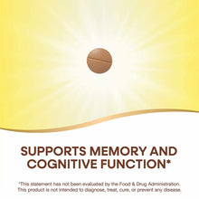 Brown tablet on yellow and white background with text stating supports memory and cognitive function.