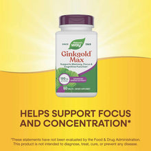 White bottle with purple cap labeled Ginkgold Max by Nature's Way, containing 60 tablets of dietary supplement with ginkgo le