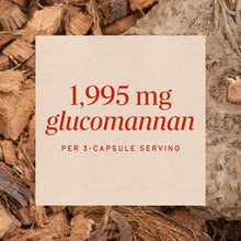Cream-colored label displaying "1,995 mg glucomannan per 3-capsule serving" in red text, overlaid on dried konjac root pieces