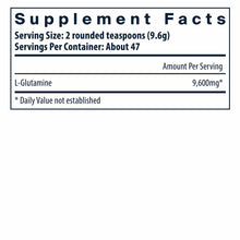 Supplement Facts label showing serving size of 2 rounded teaspoons, 47 servings per container, with 9,600mg L-Glutamine per s