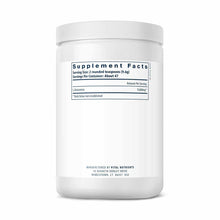 White plastic container of glutamine powder with white screw-top lid and supplement facts label on front.