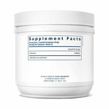 White plastic container with white screw-on lid containing glutamine powder, labeled with supplement facts and Vital Nutrient