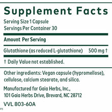 Supplement Facts label showing Glutathione 500mg per capsule, 30 servings per container, vegan capsule ingredients listed.