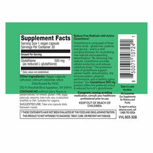 Glutathione supplement bottle label showing 500 mg reduced L-glutathione per vegan capsule with supplement facts and usage in