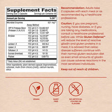 Supplement Facts label for Gluten Defense showing microbial enzymes, serving size, and ingredient information with vegan and