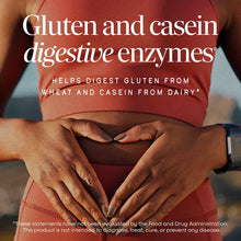 Person wearing red top with hands on stomach, displaying Gluten Defense supplement product messaging about digestive enzymes.
