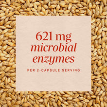 Cream-colored label showing "621 mg microbial enzymes per 2-capsule serving" in red text, displayed on a background of whole