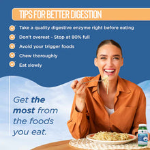 Woman eating noodles with digestion tips and a green-labeled supplement bottle displayed on blue background.