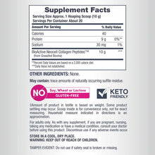 Supplement Facts label for NeoCell Collagen Peptides showing nutrition information, ingredients, and allergen warnings.