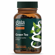Gaia Herbs Green Tea supplement bottle with 60 liquid phyto-caps and green cap, containing dark capsules.
