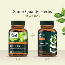 Two amber bottles of Gaia Herbs Green Tea supplement showing old and new label designs side by side.