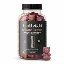 Clear glass bottle filled with pink and brown bear-shaped gummies, black screw cap, TruHeight label with bone icon graphic.