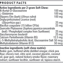 Thorne Vet gut health soft chews with active ingredients including glucosamine, glutamine, and probiotics listed on product f