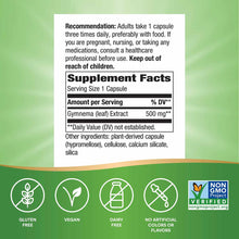 Bottle label showing supplement facts for Gymnema extract capsules with usage instructions and certification badges for glute