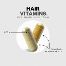 Two tan capsule pills with size indicator showing 0.86 inches, containing biotin, collagen, keratin, and vitamins.