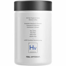 White bottle with black lid containing Codeage hair vitamins with ingredient and certification information printed on label.