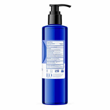 Blue pump bottle of EO Products hand sanitizer gel with white label displaying drug facts and ingredient information.