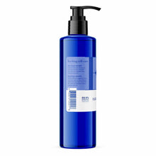 Blue pump bottle of hand sanitizer gel with black dispenser top and white label strip.