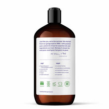 Brown glass bottle with black pump dispenser containing hand soap with product information and certification logos on label.