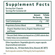 Supplement Facts label for Hawthorn 60 Liquid Phyto Caps showing serving size, ingredients, and nutritional information.