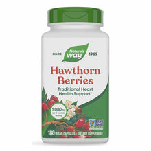 Nature's Way Hawthorn Berries bottle with green cap containing 180 vegan capsules, 1,080 mg per serving.