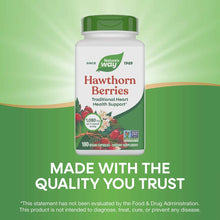 Nature's Way Hawthorn Berries bottle with green cap containing 180 vegan capsules on green background.