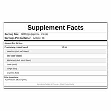 Supplement Facts label for Heart Formula showing serving size of 30 drops, proprietary blend ingredients, and other ingredien