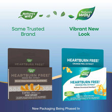 Comparison of Heartburn Free packaging showing brown original design on left and new teal design on right with orange peel ex