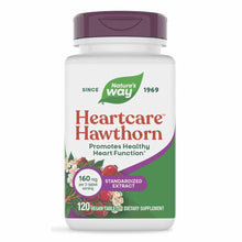 White bottle with purple cap containing Nature's Way Heartcare Hawthorn standardized extract dietary supplement, 120 vegan ta