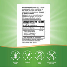 Supplement label showing dosage instructions, hawthorn extract supplement facts with 160mg per serving, and icons indicating