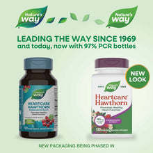 Two bottles of Nature's Way Heartcare Hawthorn dietary supplement showing old and new packaging designs.