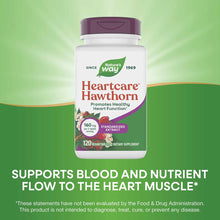 White bottle with purple cap labeled "Heartcare Hawthorn" by Nature's Way, containing 120 vegan tablets of standardized extra
