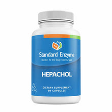 White bottle with blue label containing 90 capsules of Hepachol dietary supplement by Standard Enzyme Company.