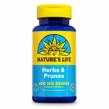 Blue bottle with yellow cap labeled "Herbs & Prunes" containing 400mg senna herbal dietary supplement by Nature's Life.