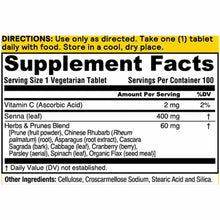 Supplement Facts label showing directions, serving size of one vegetarian tablet daily, and ingredients including Vitamin C,