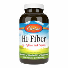 Carlson Labs Hi-Fiber bottle with white cap containing 300 psyllium husk capsules.