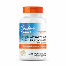 Doctor's Best High Absorption Zinc Bisglycinate supplement bottle with orange cap, 50 mg, 90 veggie capsules.