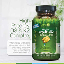 Irwin Naturals bottle with black cap containing 60 liquid softgels of Mega D3 & K2 with turmeric extract.