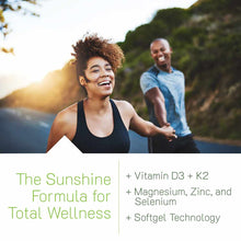 Two people jogging outdoors with text listing Vitamin D3, K2, Magnesium, Zinc, Selenium, and Softgel Technology.
