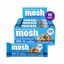 MOSH High Protein bars with creatine in oatmeal chocolate chip flavor, 10-bar box with individual wrapped bar displayed.