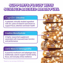 Stacked high protein bars with white and chocolate chips, labeled with Cognizin Citicoline, Creatine Monohydrate, and Lion's