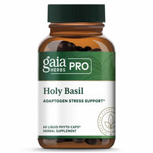 Amber glass bottle with green cap containing 60 dark liquid phyto-capsules labeled Gaia Herbs Pro Holy Basil.