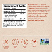 Supplement Facts label showing Horse Chestnut 250 mg per capsule with Calendula, recommendations for use, and certifications
