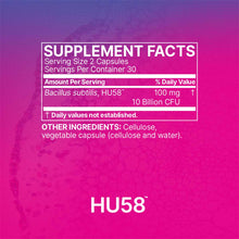 Supplement Facts label for HU58 Bacillus Subtilis on magenta background showing serving size, ingredients, and 10 billion CFU