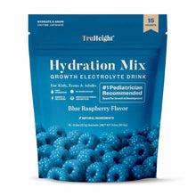 TruHeight Hydration Mix blue pouch with 15 sachets, blue raspberry flavor electrolyte drink packets.