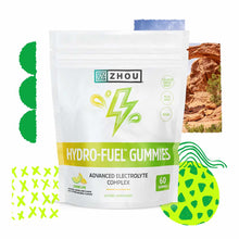 Zhou Nutrition Hydro-Fuel Gummies pouch with lemon lime flavor, 60 gummies, surrounded by cactus and fruit illustrations.