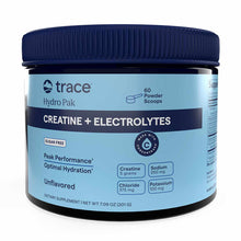 Cylindrical powder container with light blue label, dark blue cap, and dark stripe displaying "Creatine + Electrolytes" text